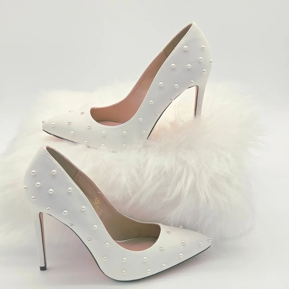 Lulus Pearl Pumps Womens 8 White Excellent Pointed Toe Stiletto Feminine Heels